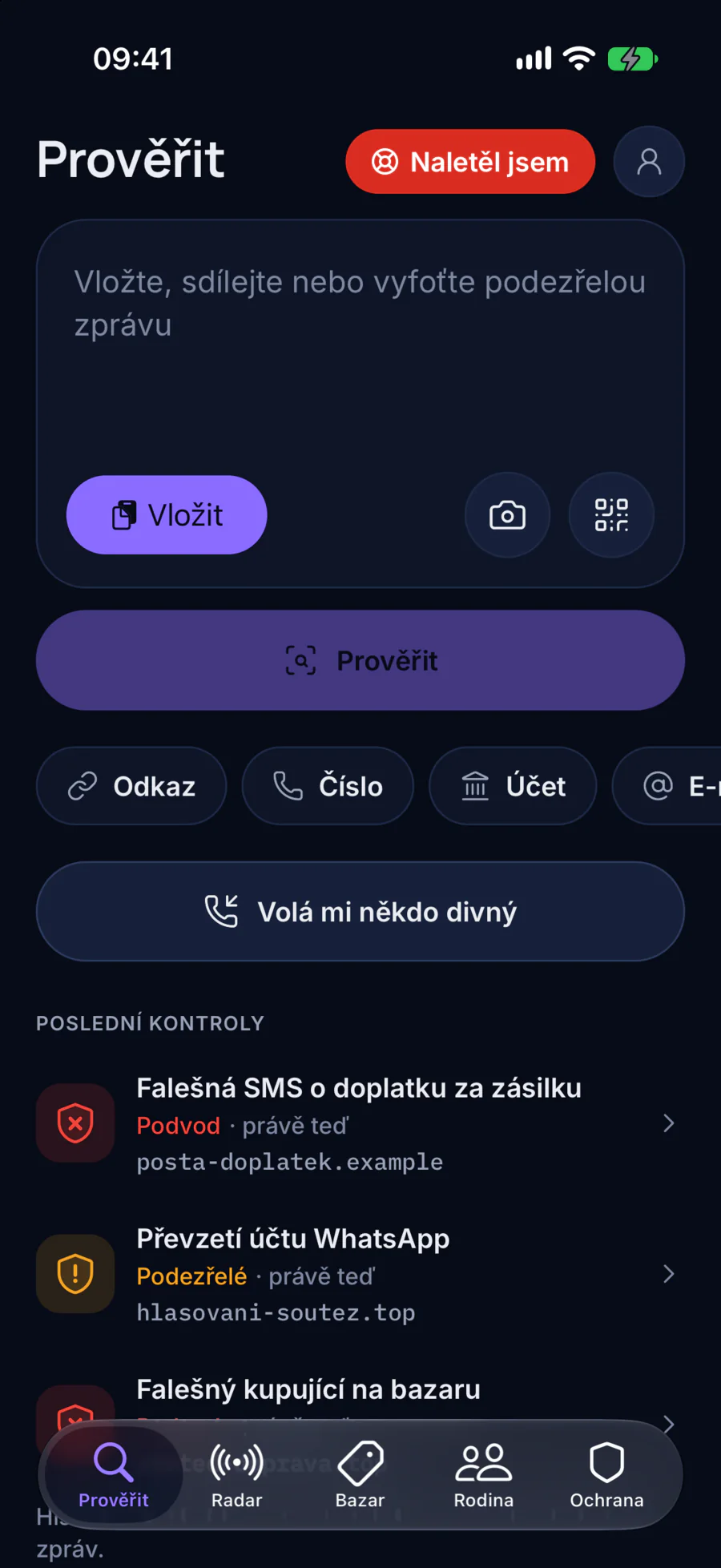 Obrazovka Prověřit: pole pro vložení, sdílení nebo vyfocení podezřelé zprávy, rychlé volby Odkaz, Číslo a Účet, tlačítko Volá mi někdo divný a poslední kontroly.
