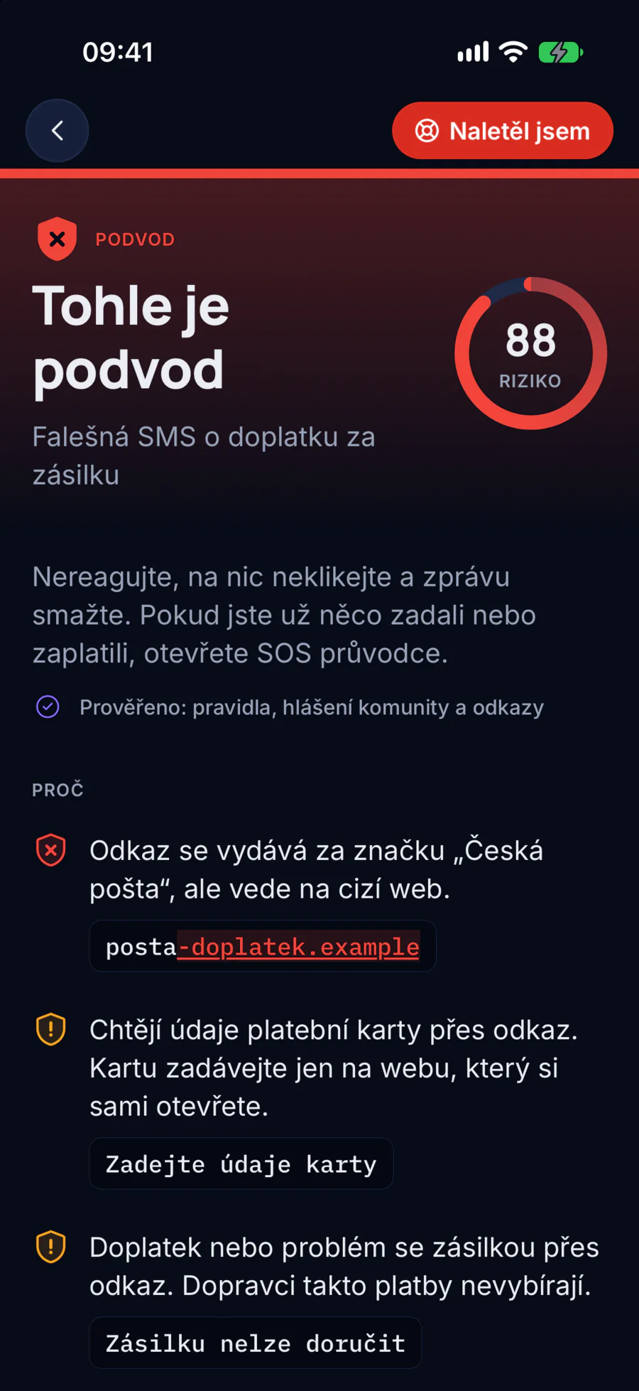 Obrazovka výsledku: Tohle je podvod, riziko 88, s důvody a citacemi ze zprávy.